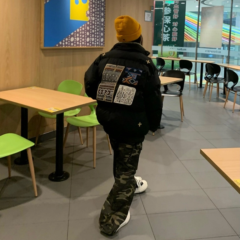 棉基因 潮流美式撞色编织重工刺绣小众设计面包服宽松情侣款学院风保暖防寒加厚立领棉衣外套舒适百搭棉服 男女同款