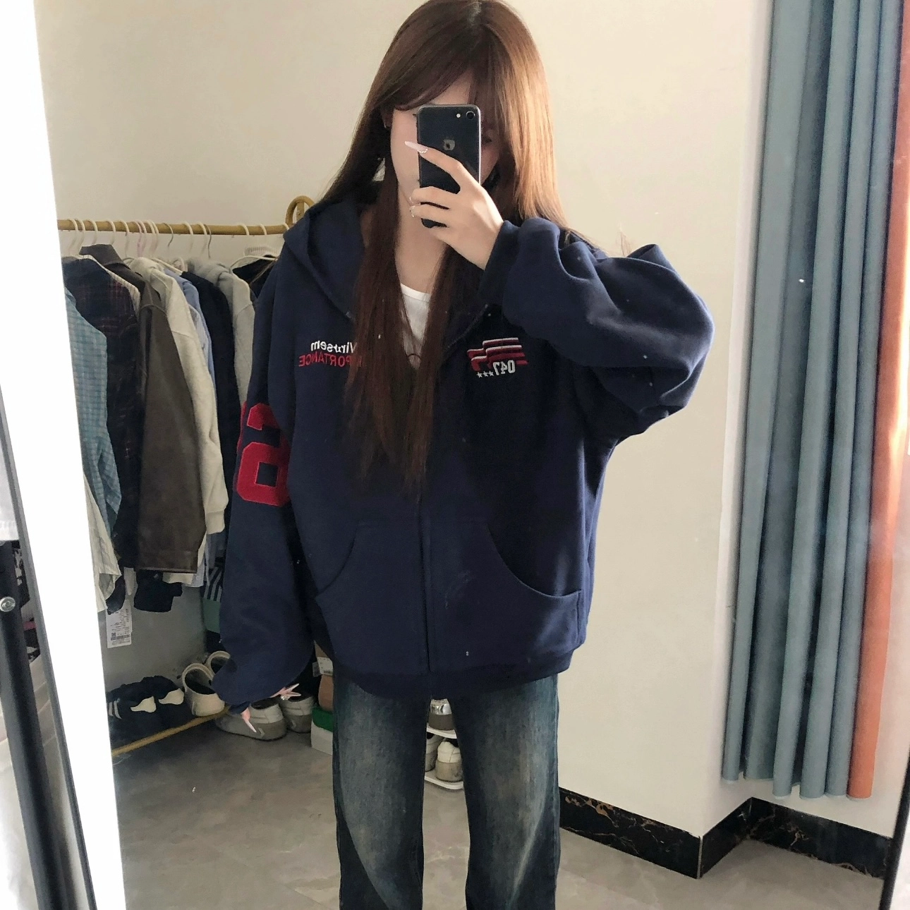 寻星记 美式复古刺绣连帽开衫时尚百搭舒适外套上衣 男女同款