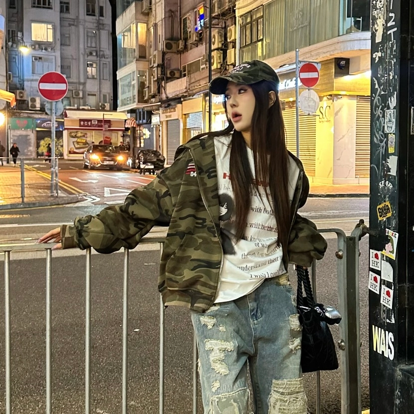 寻星记 美式复古刺绣连帽开衫时尚百搭舒适外套上衣 男女同款