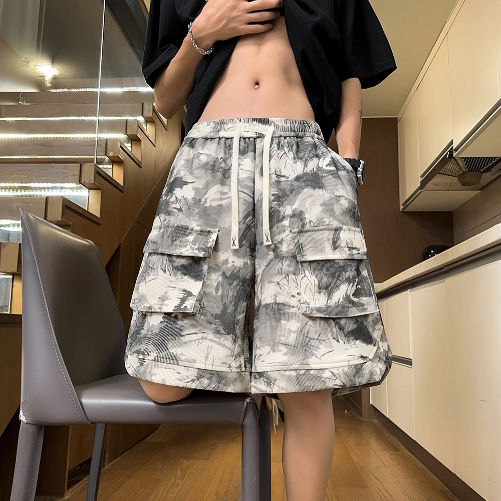 诗丹帝国 美式扎染工装裤高腰裤子大口袋五分裤潮牌休闲短裤 男款