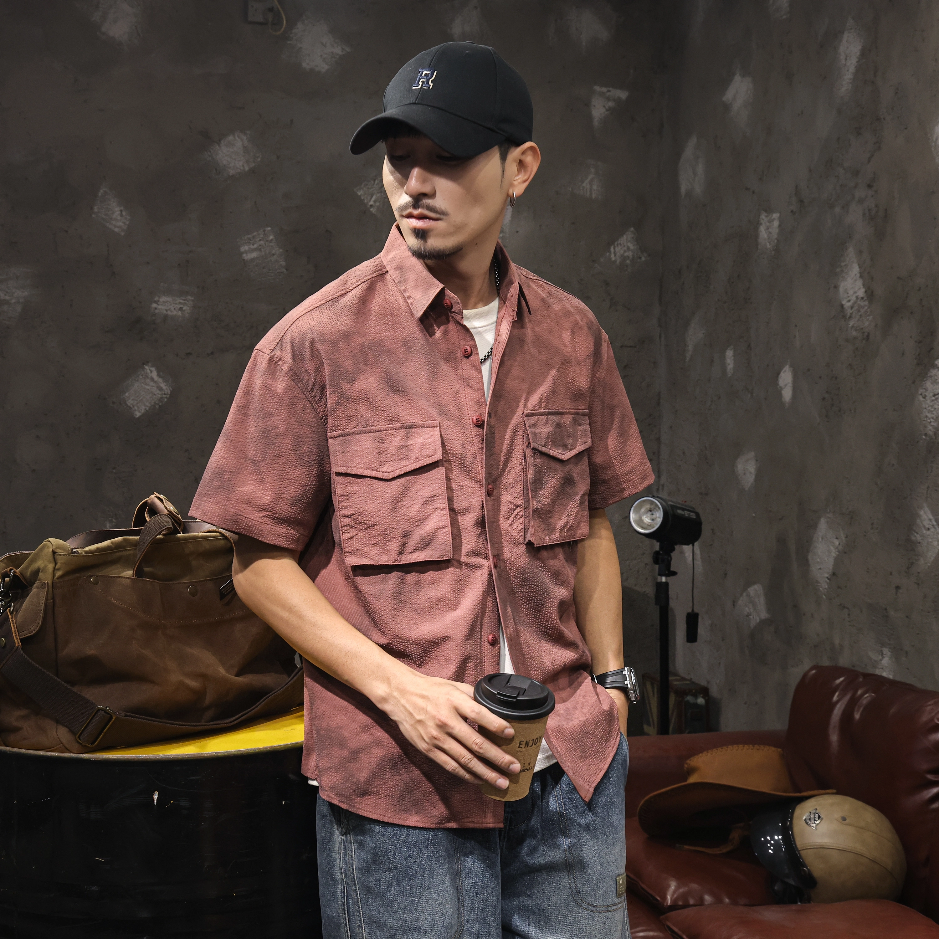 路杰邦 美式高端潮牌薄款宽松大码扎染帅气双口袋衬衣服短袖衬衫 男款