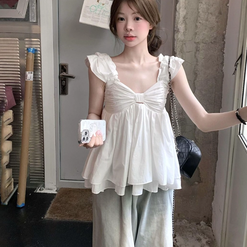黛尔佳人 甜美清纯风蝴蝶结抹胸一字肩设计感褶皱背心 女款
