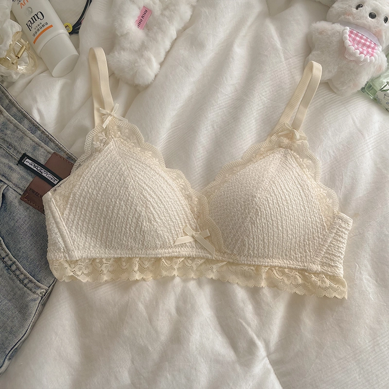 黛尔佳人 内衣女小胸聚拢无钢圈蕾丝薄款大胸显小防下垂甜美少女胸罩文胸 女款