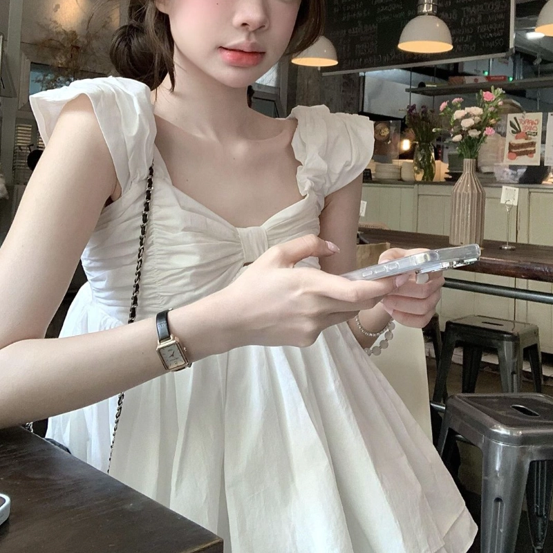 黛尔佳人 甜美清纯风蝴蝶结抹胸一字肩设计感褶皱背心 女款