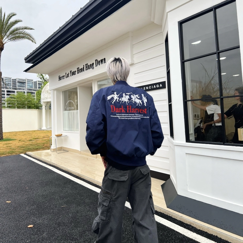 悍戈 秋季美式街头战马刺绣飞行宽松高街潮牌情侣百搭休闲外套卫衣 男女同款