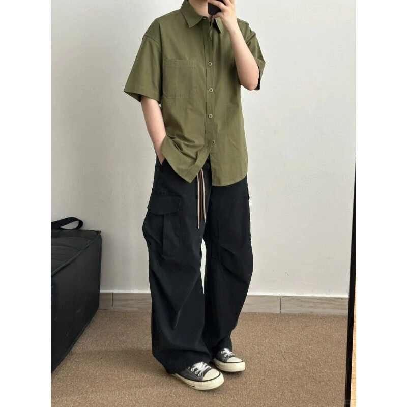 孜讯 美式高街工装风纯色基础款潮牌中性百搭宽松轻薄透气松弛感翻领休闲短袖衬衫 男女同款