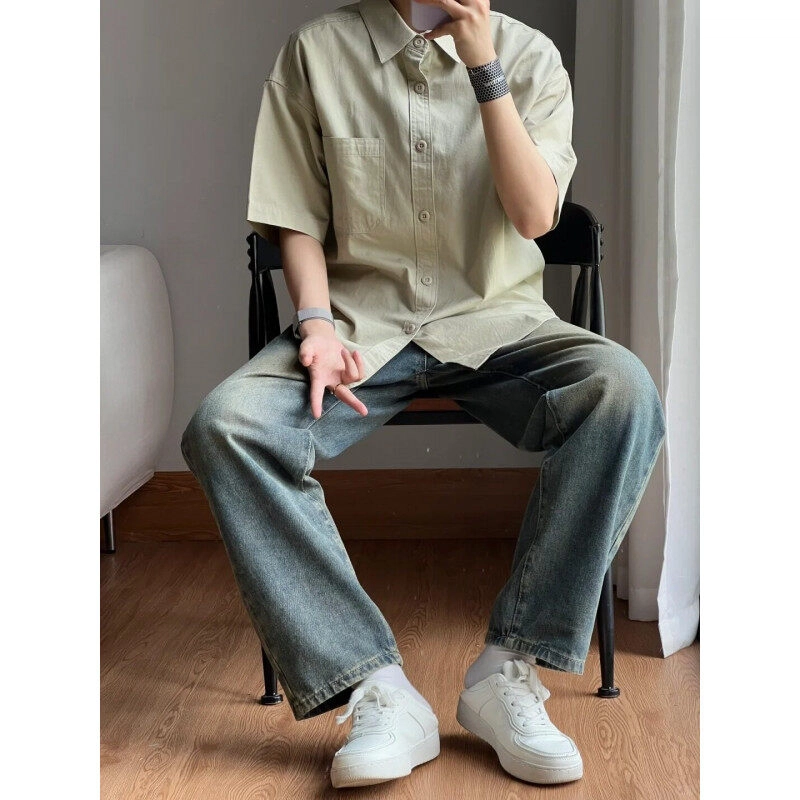 孜讯 美式高街工装风纯色基础款潮牌中性百搭宽松轻薄透气松弛感翻领休闲短袖衬衫 男女同款