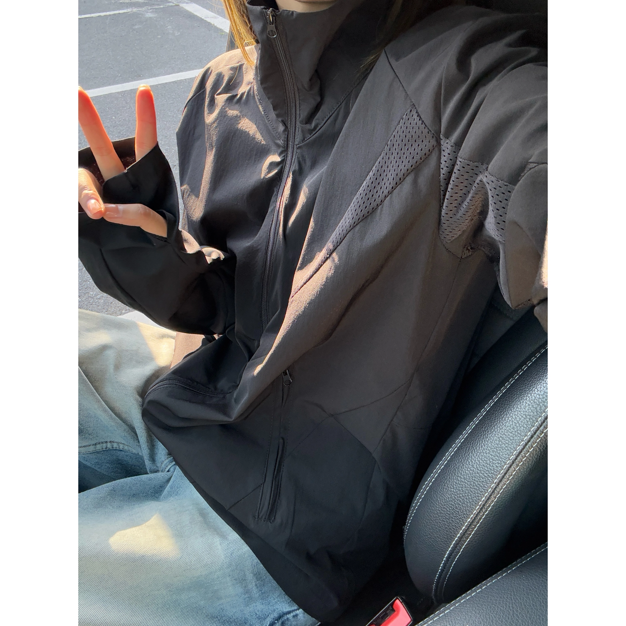 孜讯 美式高街网眼设计感轻薄透气户外机能中性穿搭纯色基础款百搭宽松凉感休闲长袖防晒服 男女同款