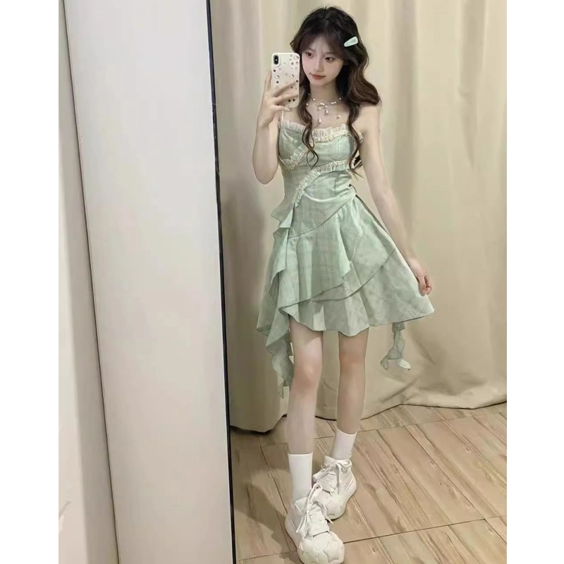 依钗 甜美优雅不规则拼接一字领合身舒适淡人随性百搭拖尾蓬蓬中长吊带连衣裙吊带连衣裙 女款 清新绿色