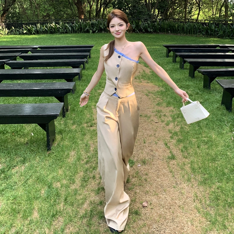 费尔岛上的猫 韩系时尚舒适通勤简约风夏季显瘦减龄两件套休闲套装 女款