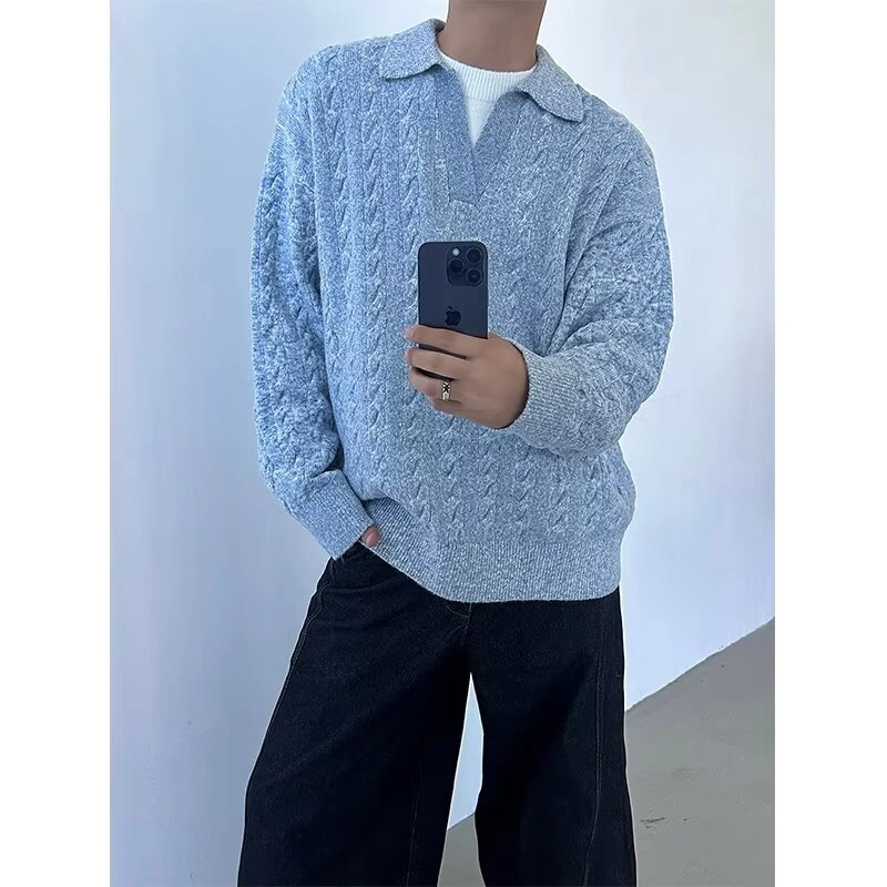 拓菲 韩版假两件撞色拼接翻领情侣款秋冬季宽松套头上衣针织衫 男女同款