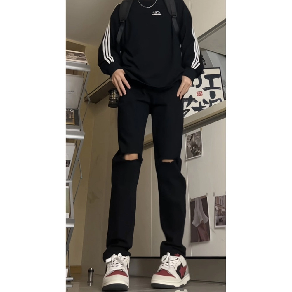 拓菲 夏季美式高街破洞直弹力宽休闲牛仔裤 男女同款
