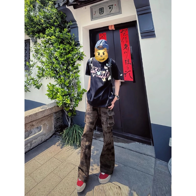 拓菲 美式高街迷彩微喇夏季薄款工装裤子高腰窄版直筒喇叭裤牛仔裤男款 男女同款