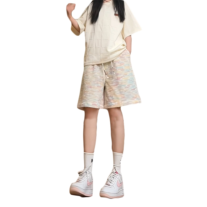 拓菲 彩虹海马毛潮牌小香风针织裤子设计感宽松五分休闲短裤 男女同款