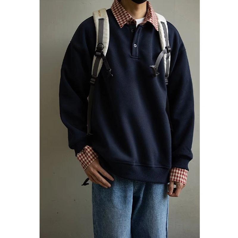拓菲 格子拼接假两件男设计感衬衫领外套秋季潮流宽松情侣上衣卫衣 男女同款