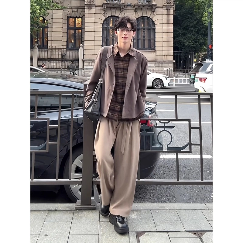 拓菲 假两件棕咖色格纹衬衫领开衫男款秋季慵懒风氛围感针织衫外套夹克 男女同款