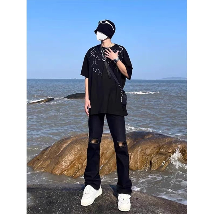 拓菲 美式高街潮牌高弹力修身拉链膝盖破洞牛仔裤长裤子 男女同款