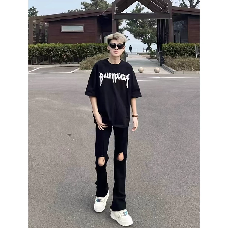 拓菲 美式高街直筒破洞潮流设计感牛仔裤 男女同款