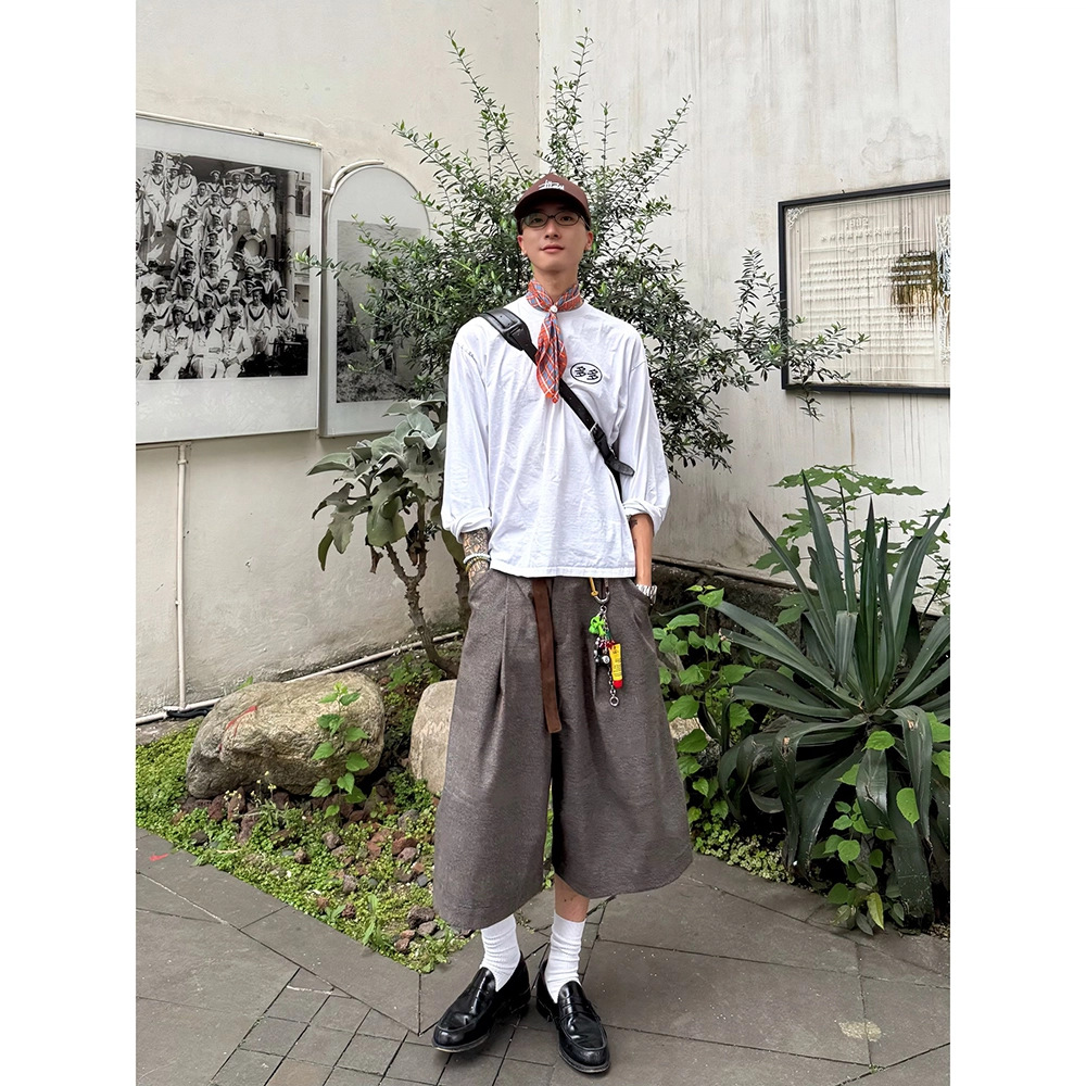 拓菲 美式千鸟格拼接老钱风阔腿西裤七分休闲短裤 男女同款