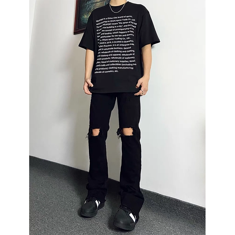 拓菲 美式高街潮牌高弹力修身拉链膝盖破洞牛仔裤长裤子 男女同款