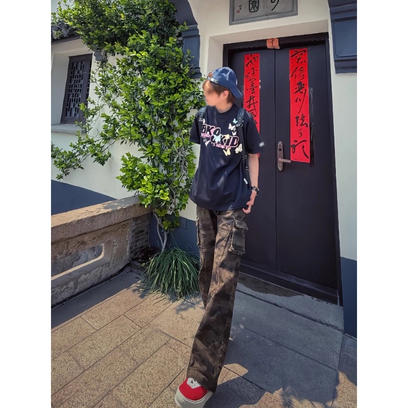拓菲 美式高街迷彩微喇夏季薄款工装裤子高腰窄版直筒喇叭裤牛仔裤男款 男女同款