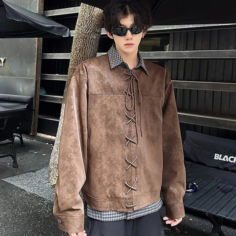 拓菲 抽绳对襟后背飞片设计复古机车皮衣外套男夹克 男女同款
