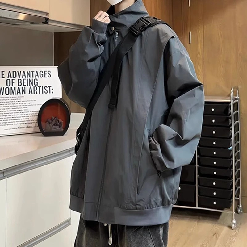拓菲 港风复古简约纯色基础款结构拉链设计宽松舒适百搭工装立领防风长袖夹克外套 男女同款