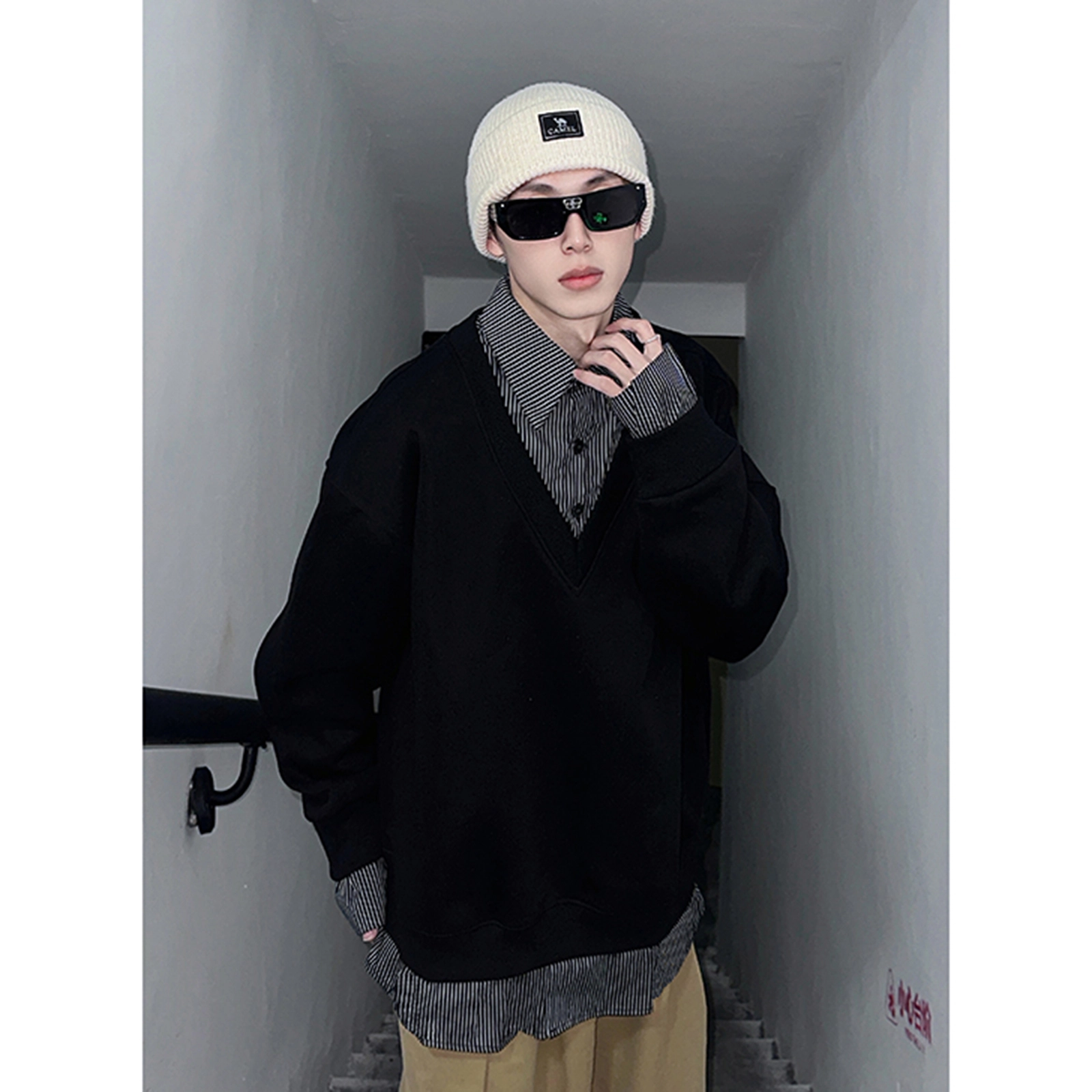 拓菲 设计感假两件拼接男春秋复古宽松时尚高级感上衣潮卫衣 男女同款