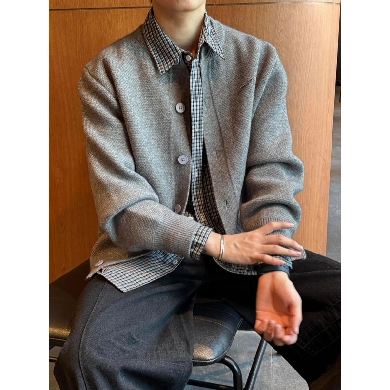 拓菲 假两件格子开衫外套男款慵懒高级感松弛感穿搭宽松休闲针织衫 男女同款