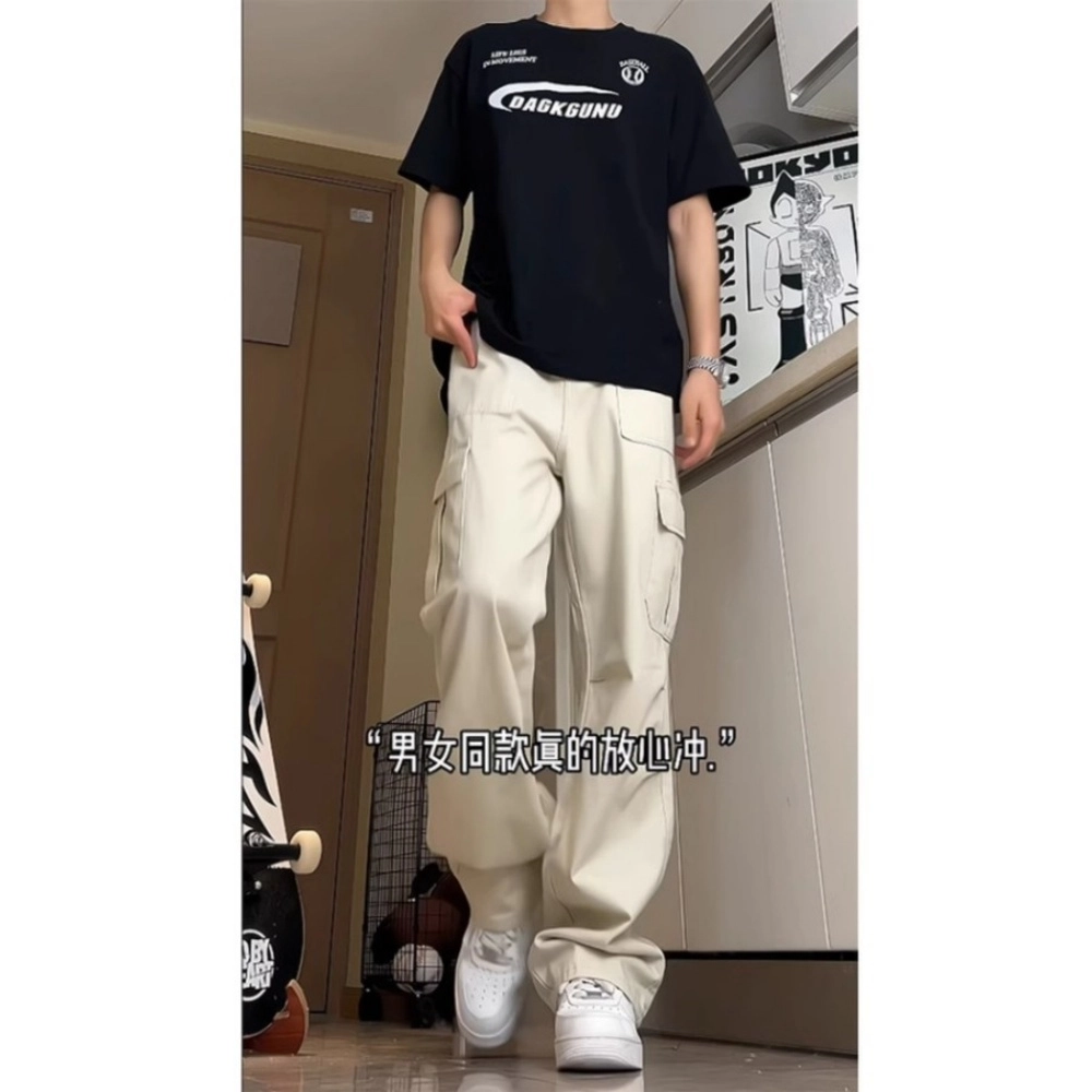 拓菲 美式复古多口袋潮牌宽松直筒褶皱阔腿工装裤 男女同款
