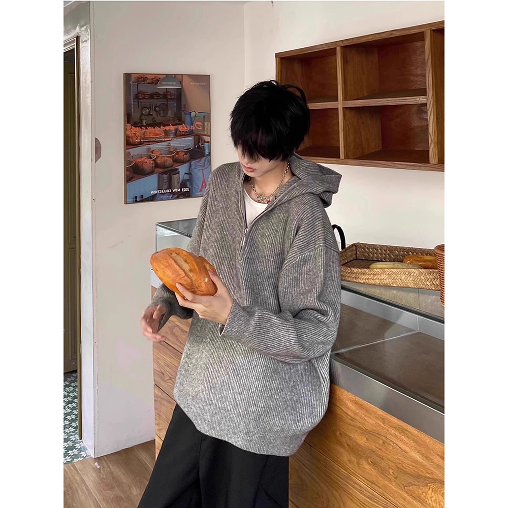拓菲 慵懒风韩版休闲重磅痞帅高街半拉链松弛感毛衣连帽卫衣外套针织衫 男女同款