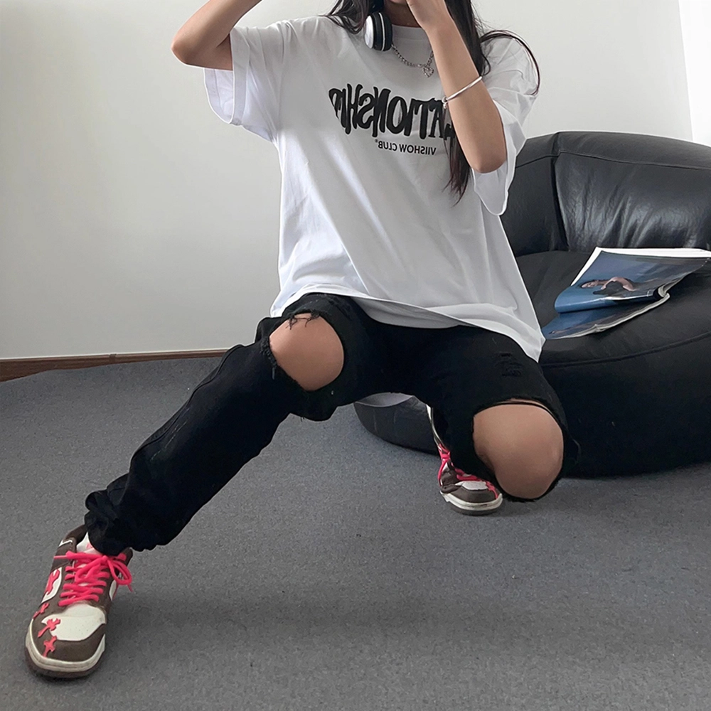 拓菲 美式高街裤子薄款毛边破洞修身直筒微喇牛仔裤 男女同款