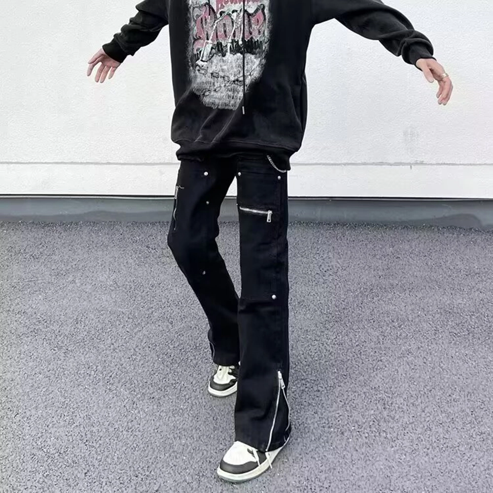 拓菲 国潮弹力休闲直筒微喇裤脚口可调节拉链拼接牛仔裤街头裤子 男女同款