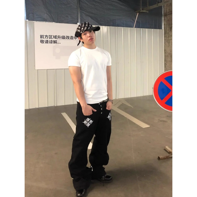 拓菲  小众双裤脚印花排扣直筒嘻哈美式街头高级感宽松显瘦长裤牛仔裤男 男女同款