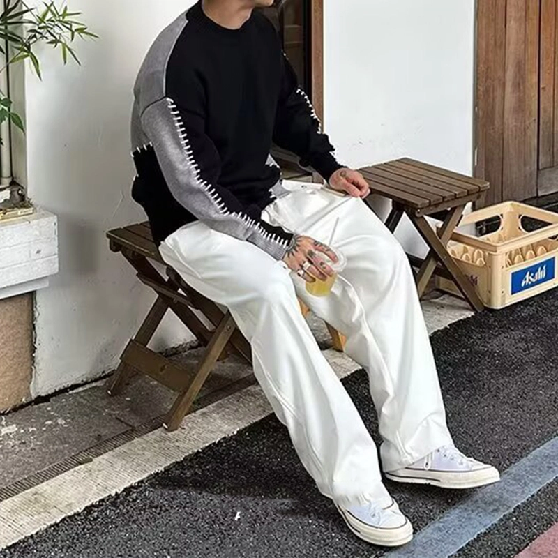 拓菲 编织缝针拼接设计撞色圆领毛衣男款秋冬季高级感慵懒风打底针织衫 男女同款