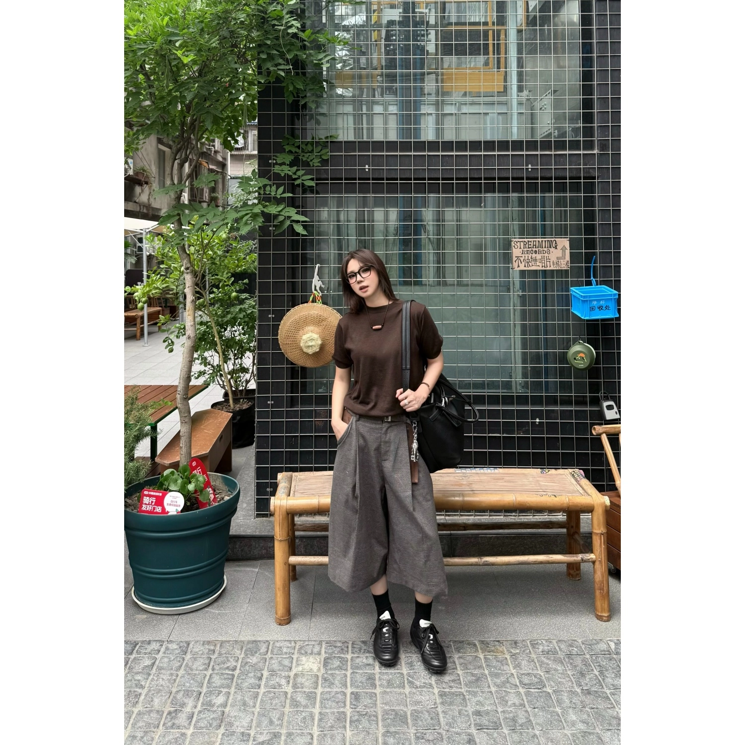 拓菲 千鸟格拼接美式七分裤老钱风剑道阔腿西裤休闲短裤 男女同款