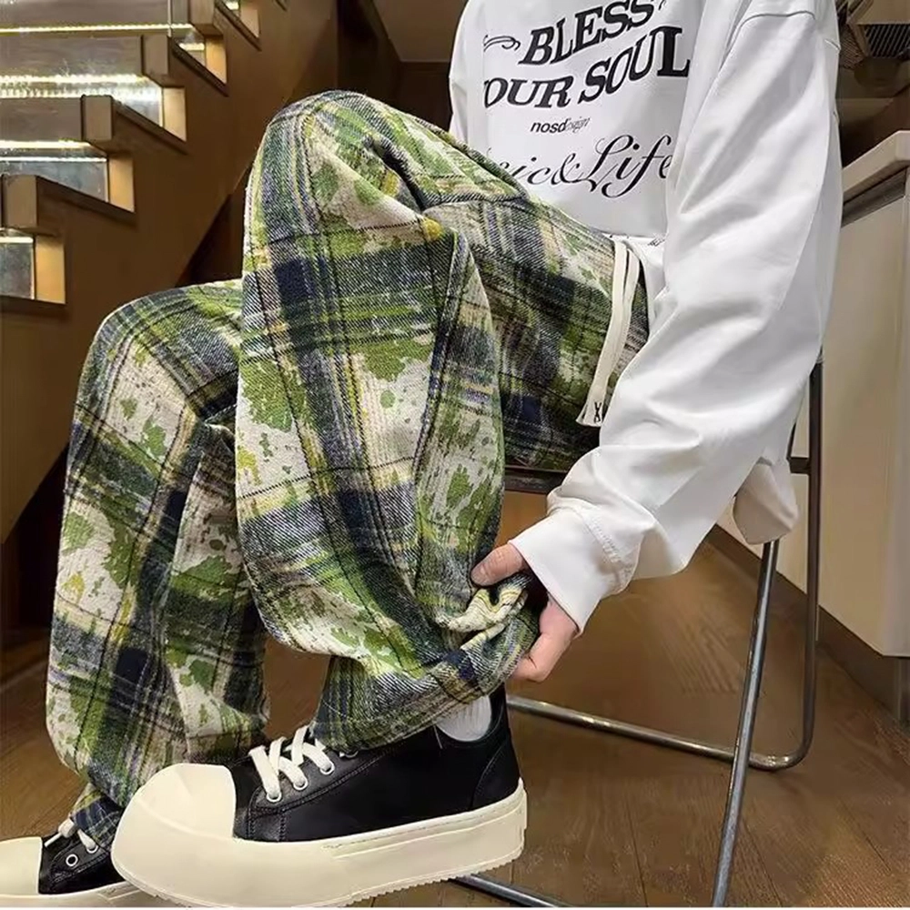 拓菲 美式扎染格子青少年酷帅褶皱设计感宽松直筒裤休闲裤 男女同款