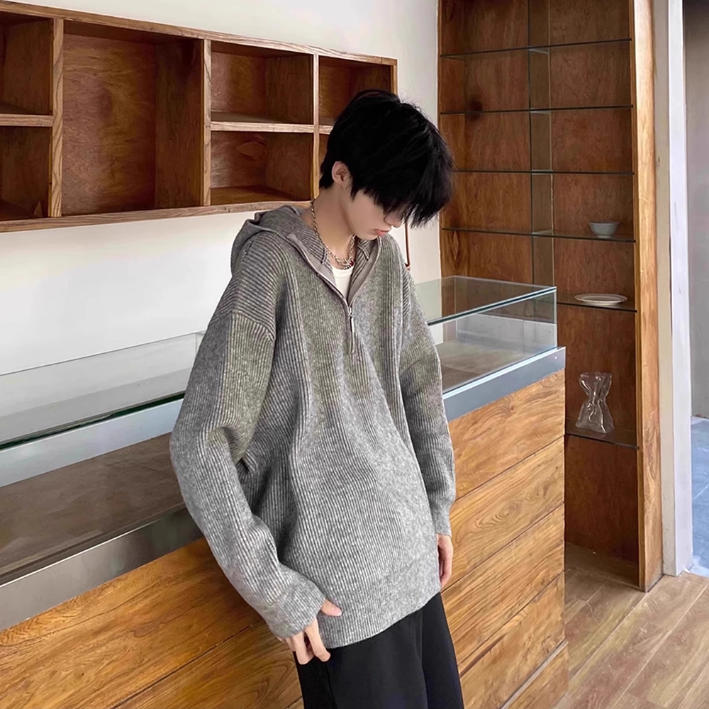 拓菲 慵懒风韩版休闲重磅痞帅高街半拉链松弛感毛衣连帽卫衣外套针织衫 男女同款