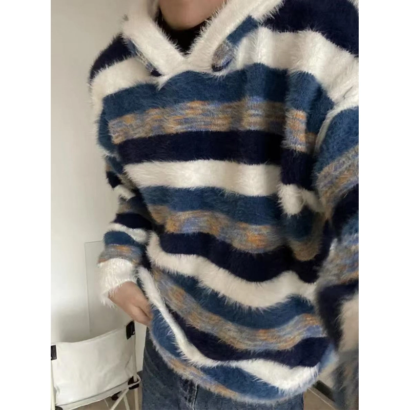 拓菲 美式复古撞色蓝白条纹连帽卫衣男潮高级感慵懒风仿貂绒针织衫 男女同款