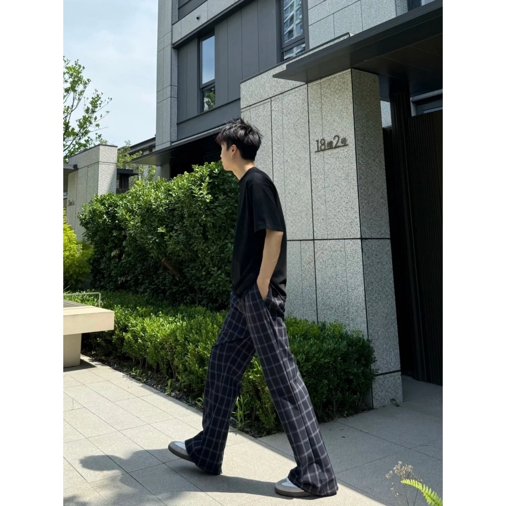 拓菲 何以至此美式复古格子休闲裤微喇弯刀裤宽松直筒长裤 男女同款