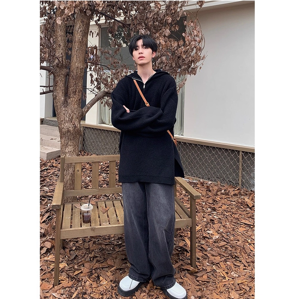 拓菲 美式韩版休闲重磅痞帅高街半拉链慵懒松弛感毛衣连帽卫衣外套针织衫 男女同款