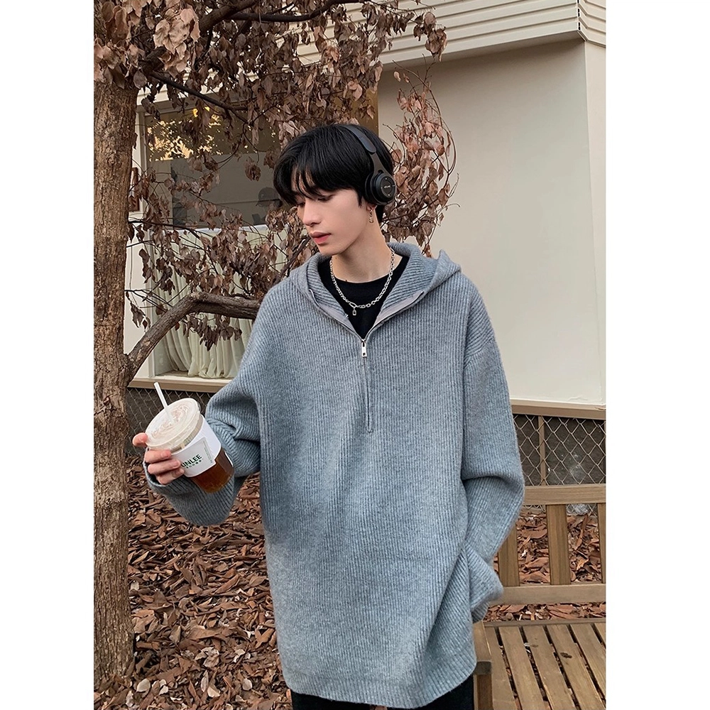 拓菲 美式韩版休闲重磅痞帅高街半拉链慵懒松弛感毛衣连帽卫衣外套针织衫 男女同款