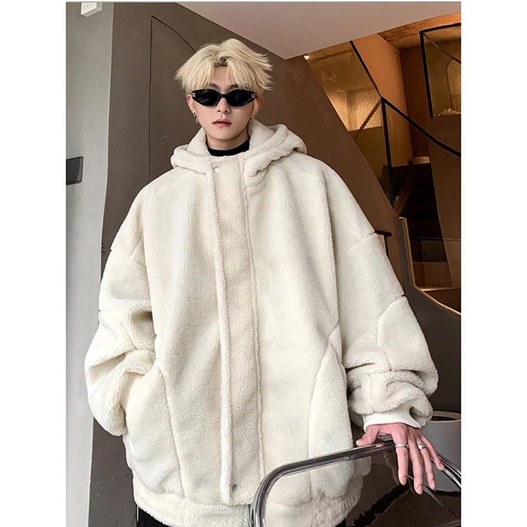 拓菲 羊羔绒外套男秋冬季美式潮牌复古休闲加绒加厚连帽棉衣棉服 男女同款