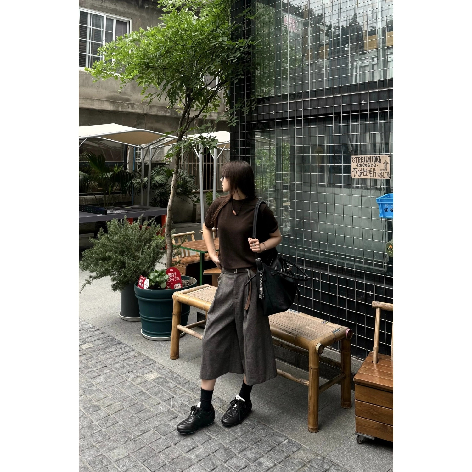 拓菲 千鸟格拼接美式七分裤老钱风剑道阔腿西裤休闲短裤 男女同款