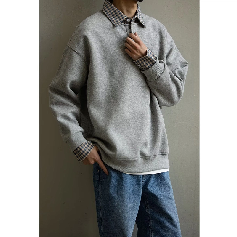 拓菲 格子拼接假两件男设计感衬衫领外套秋季潮流宽松情侣上衣卫衣 男女同款