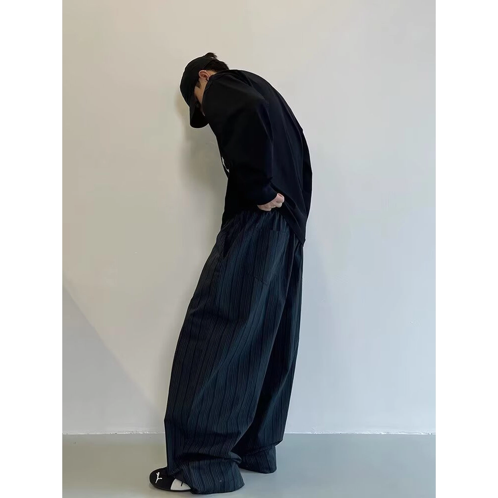 拓菲 复古竖条纹棉弯刀阔腿裤束脚拖地休闲裤 男女同款