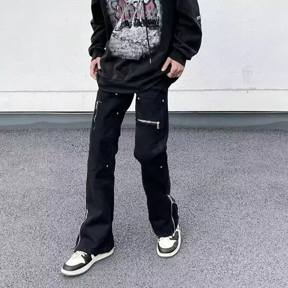 拓菲 国潮弹力休闲直筒微喇裤脚口可调节拉链拼接牛仔裤街头裤子 男女同款