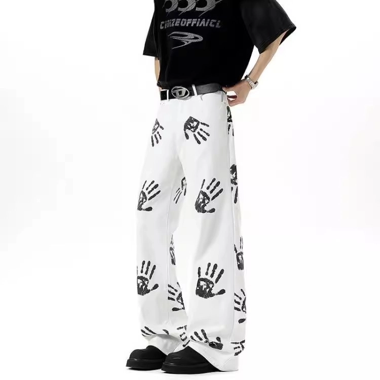 拓菲 美式高街潮牌手掌印花微喇直筒牛仔裤 男女同款