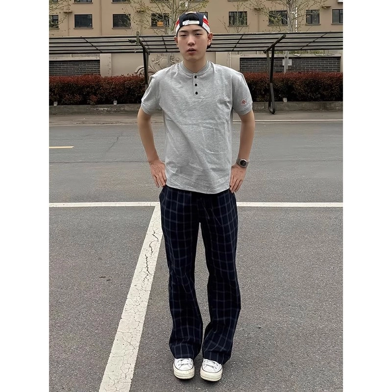 拓菲 何以至此美式复古格子休闲裤微喇弯刀裤子宽松直筒长裤 男女同款