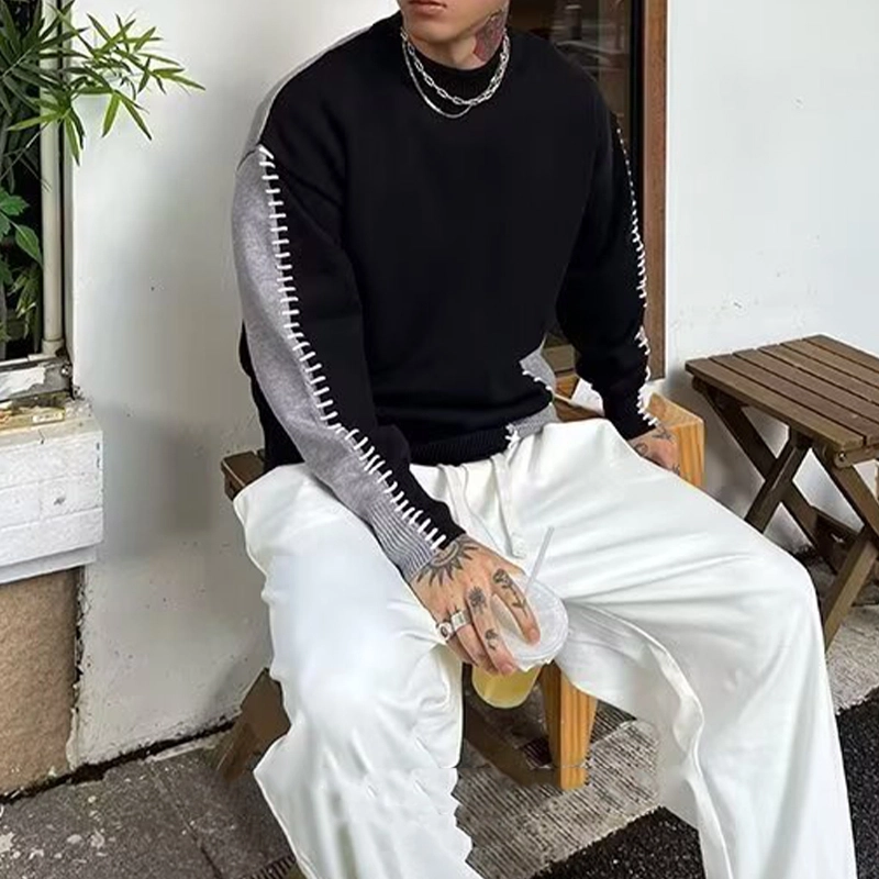 拓菲 编织缝针拼接设计撞色圆领毛衣男款秋冬季高级感慵懒风打底针织衫 男女同款
